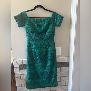 Monique Lhuillier Teal Lace Midi Dress